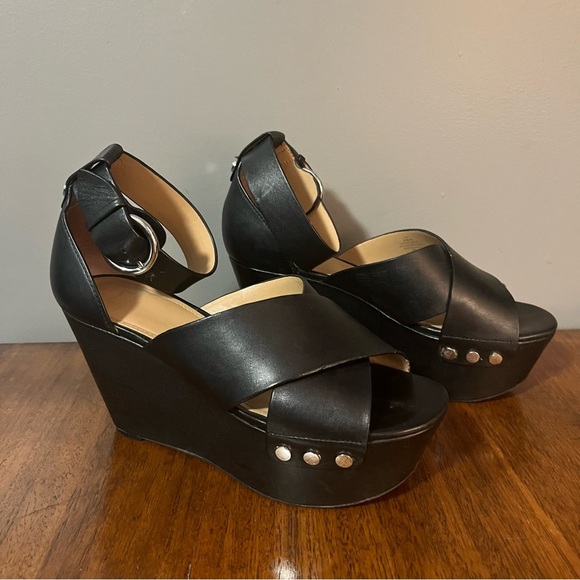 Marc Fisher Chic Black Leather Wedge Sandals. Women’s size 6.5 - Picture 1 of 13